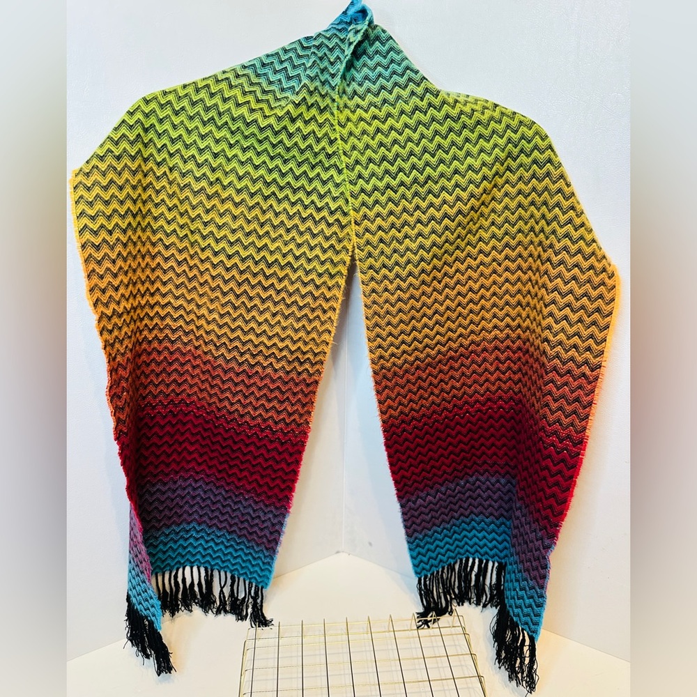 Rainbow Ombre Chevron Knit Rectangle Fringe Scarf by David & Young Super Soft